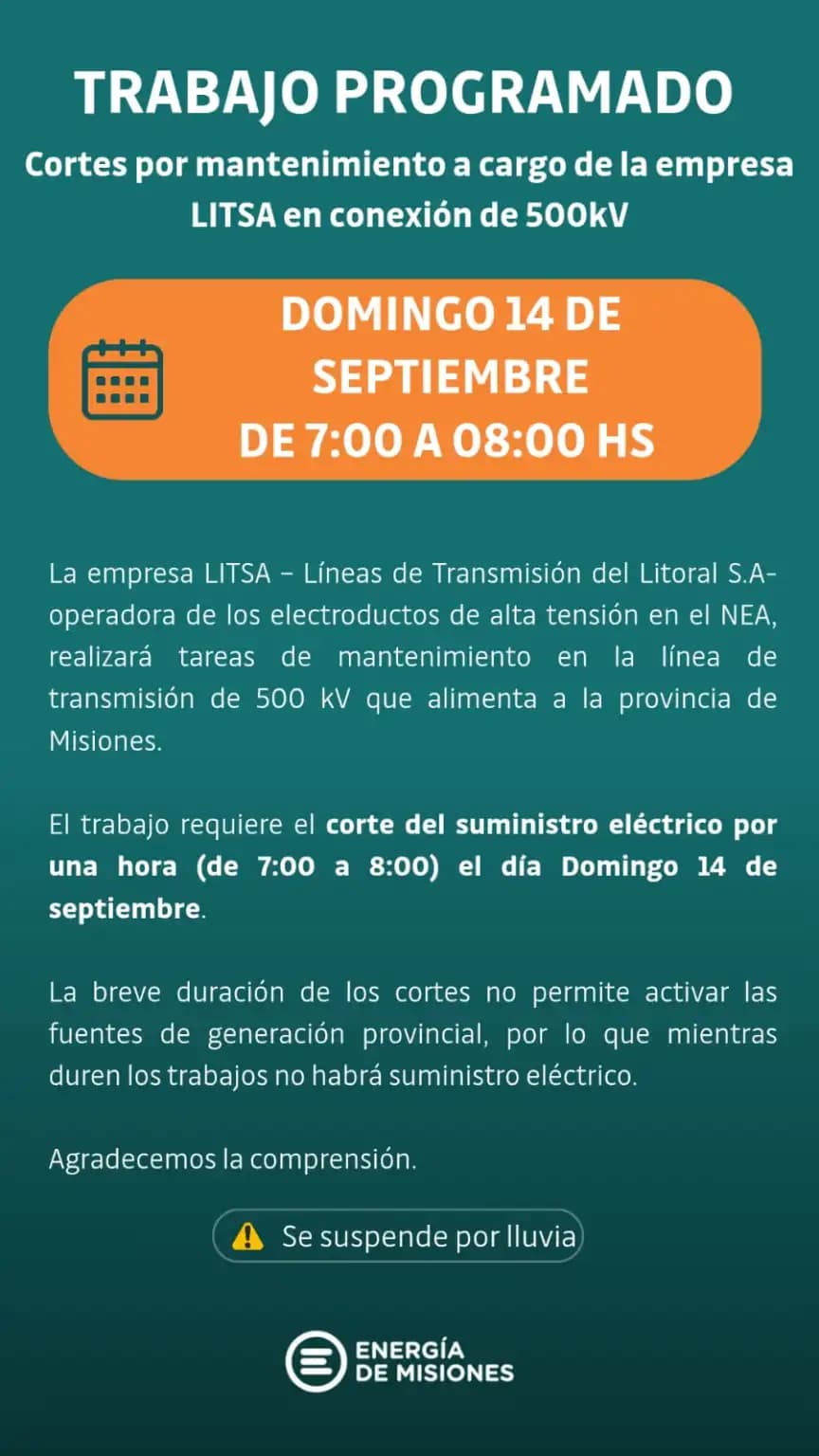 Comunicado oficial de EMSA sobre el corte programado.