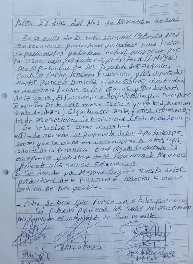 Acta firmada por los productores yerbateros de San Vicente