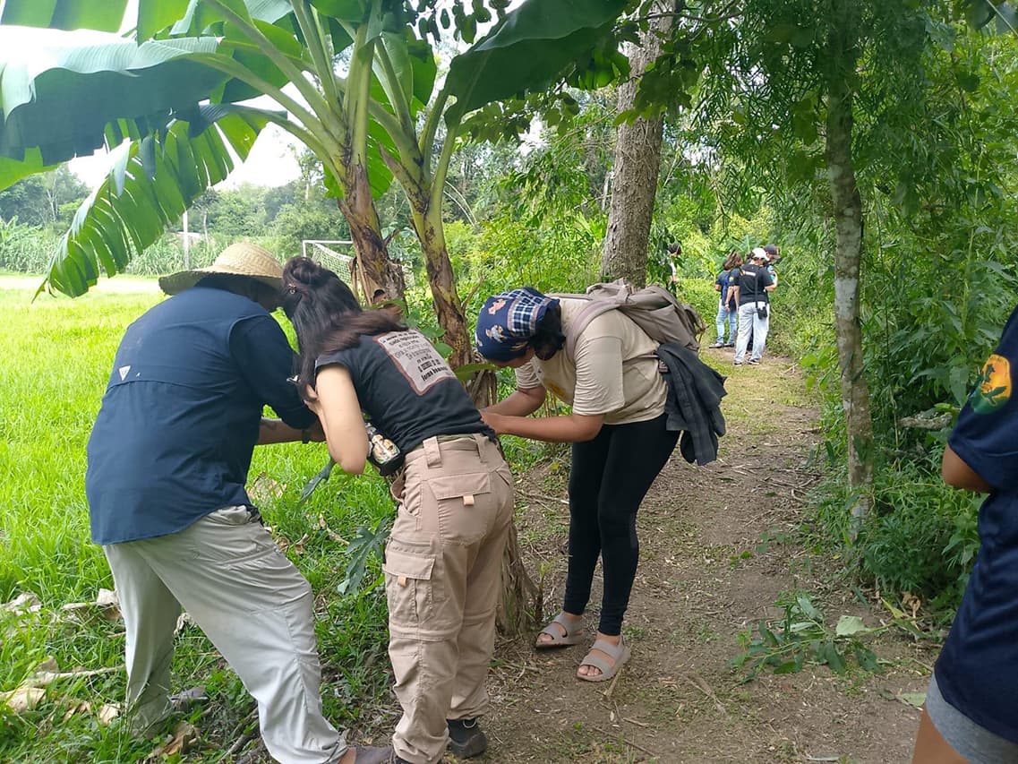 Vecinos y participantes contemplando mariposas en una de las salidas de observación en la selva de San Pedro.