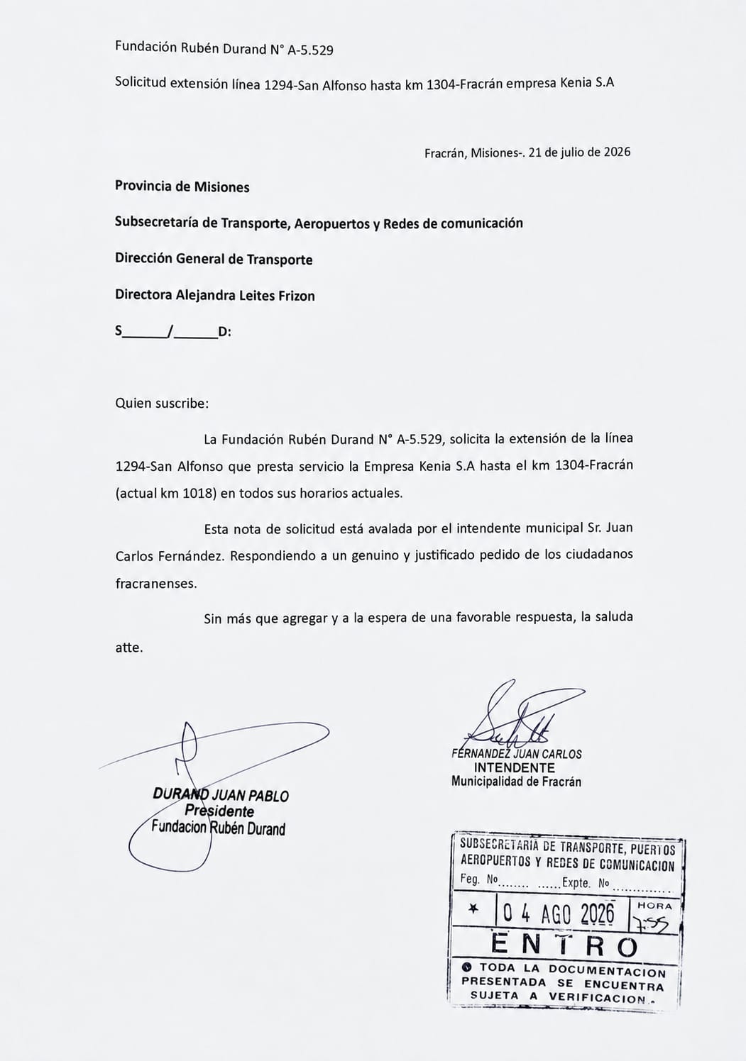 Nota de solicitud de la Fundación Rubén Durand con el sello de ingreso de la Subsecretaría de Transporte de Misiones, fechado el 4 de agosto de 2026.
