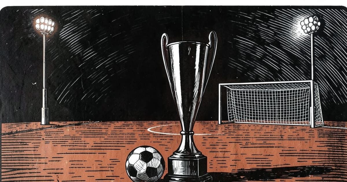 Ilustración en xilografía de una cancha de fútbol nocturna, una pelota y un trofeo en Fracrán.