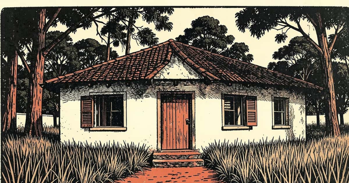 Ilustración en estilo linograbado de una escuela rural cerrada junto a un camino de tierra colorada