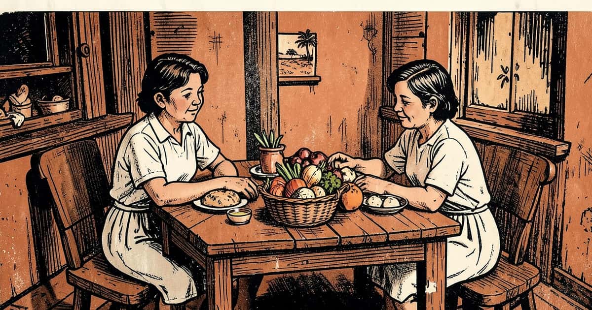 Ilustración en estilo linograbado de una familia frente a una mesa con alimentos básicos en Misiones