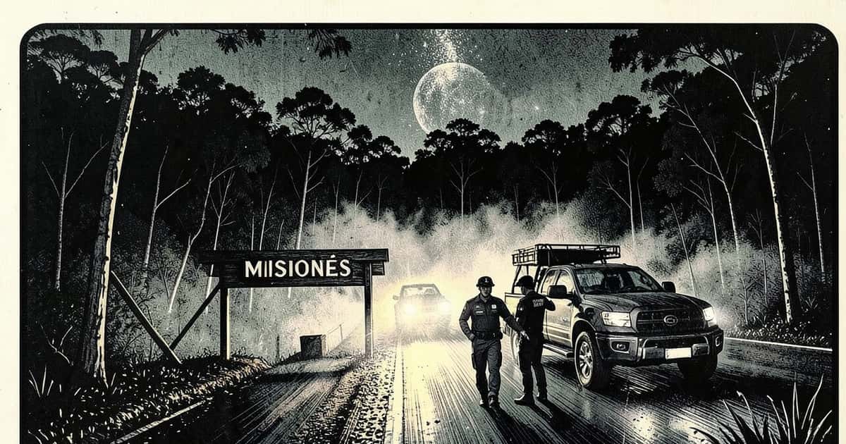 Ilustración en estilo linograbado de un control policial nocturno en una ruta del monte misionero, con un puesto fronterizo al fondo