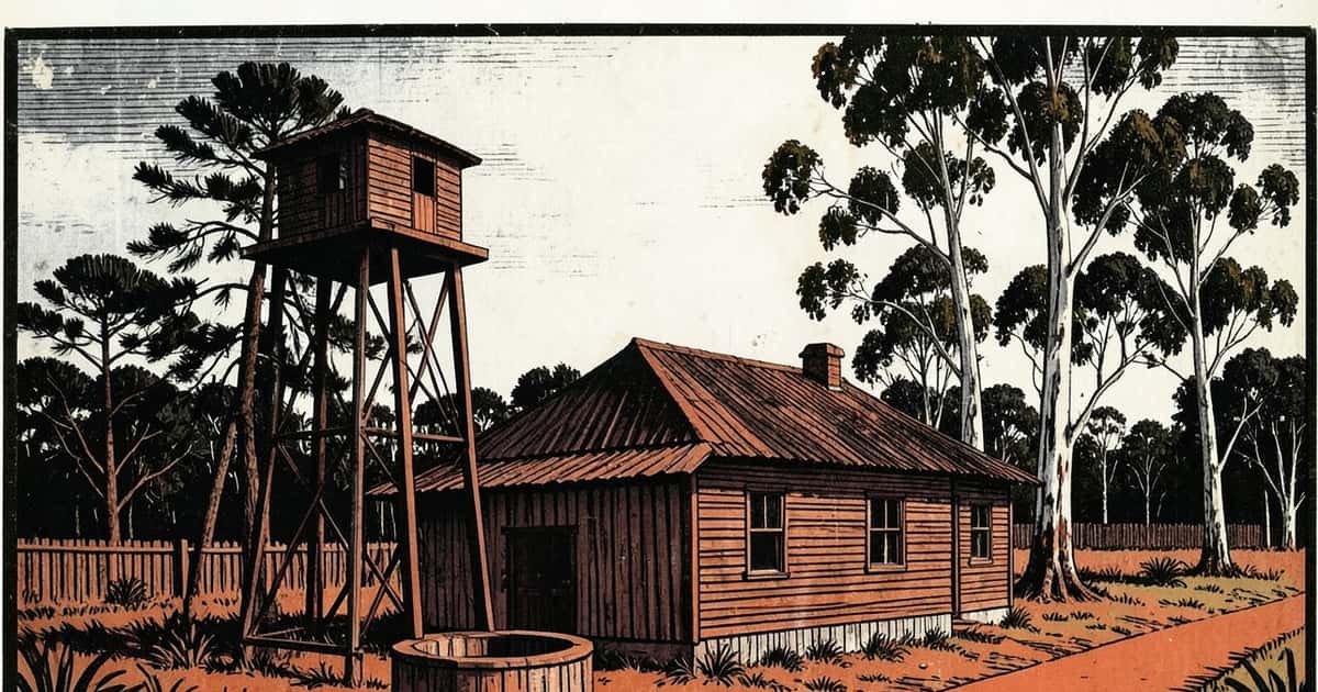 Ilustración en estilo linograbado de una torre de agua y un pozo rural bajo un cielo nublado en Misiones, sin figuras humanas