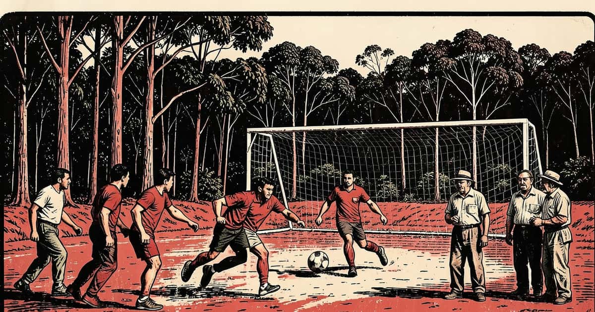 Ilustración en estilo linograbado de un partido de fútbol amateur en una cancha rural de Fracrán