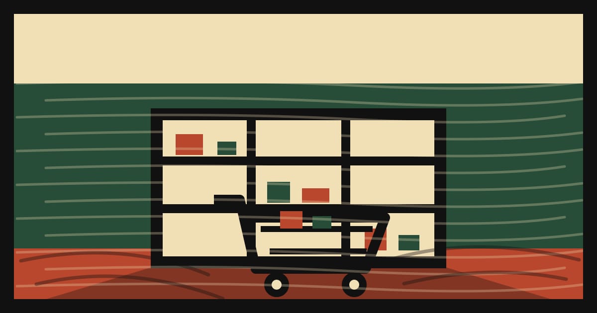 Ilustración en estilo linograbado de una góndola de supermercado semivacía en Misiones, con changuitos de compra