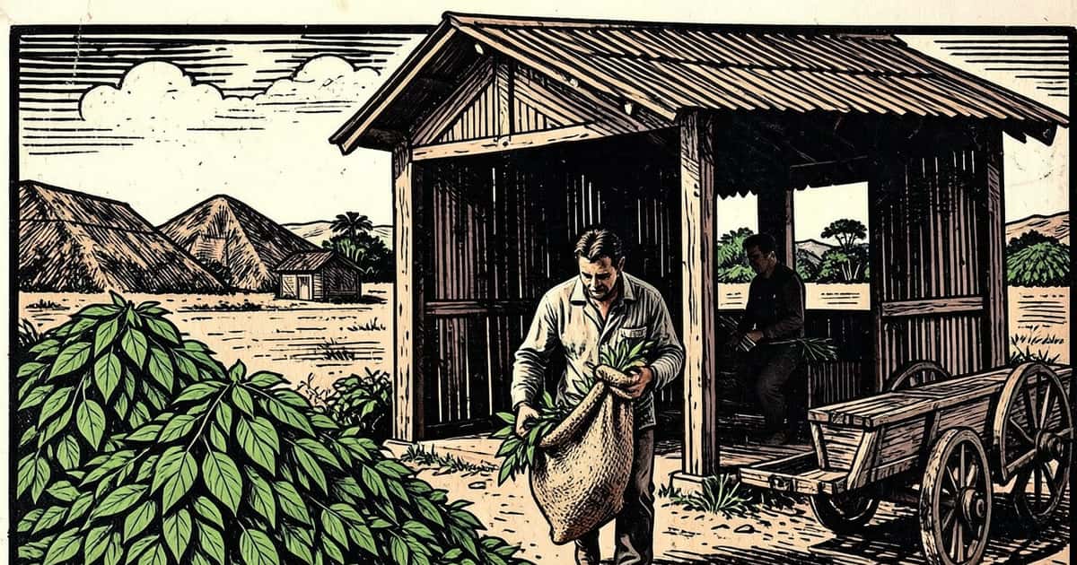 Ilustración en linograbado de un productor yerbatero cargando hojas verdes junto a un secadero en Fracrán, Misiones
