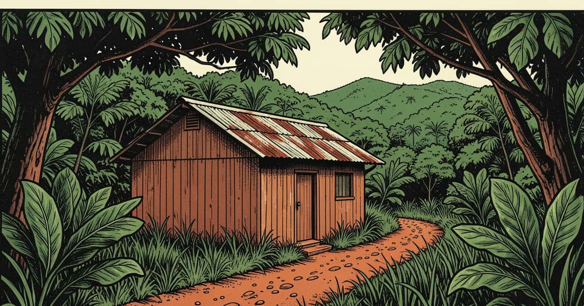 Ilustración en estilo linograbado de una casa rural bajo el monte misionero, con un camino de tierra colorada