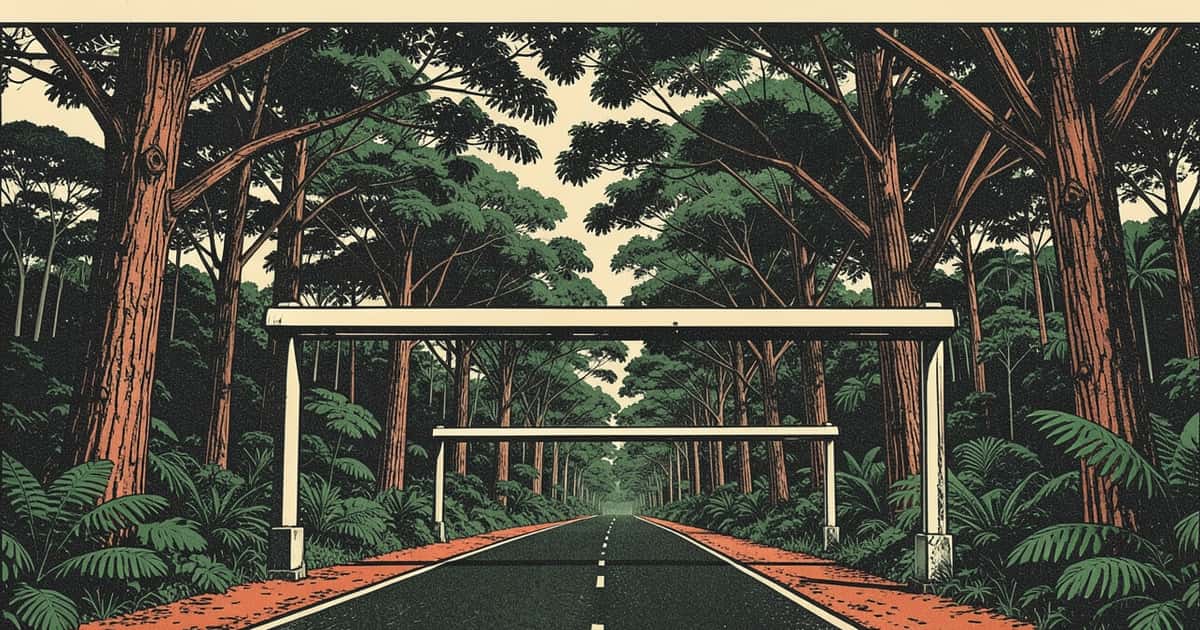 Ilustración en estilo linograbado de una cabina de peaje solitaria junto a una ruta rodeada de selva misionera