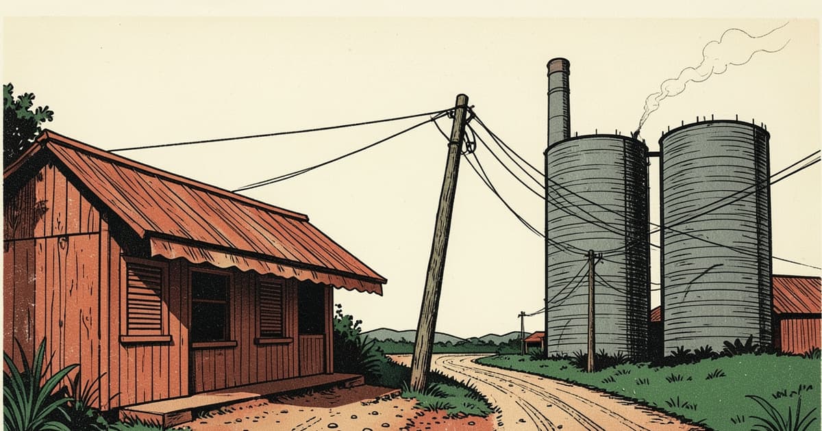 Ilustración editorial de portada sobre Misiones: la luz baja en pymes, sube en la industria