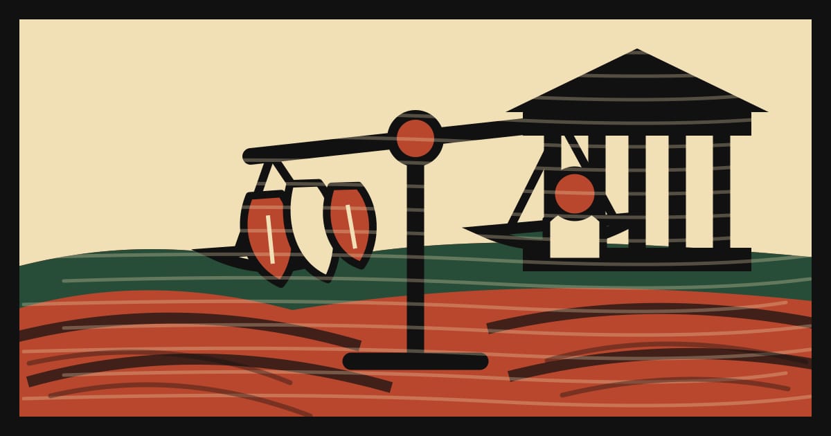 Ilustración en estilo linograbado de raíces de mandioca sobre una balanza frente a una cúpula legislativa