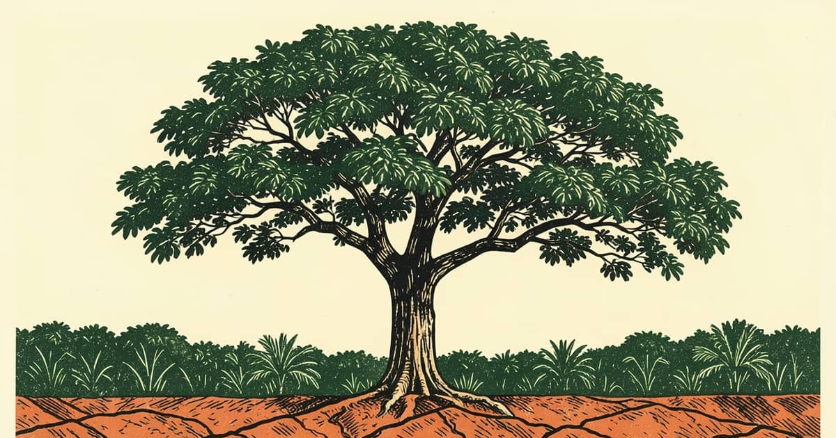 Ilustración en estilo linograbado de un árbol nativo entre vegetación y tierra colorada de Misiones