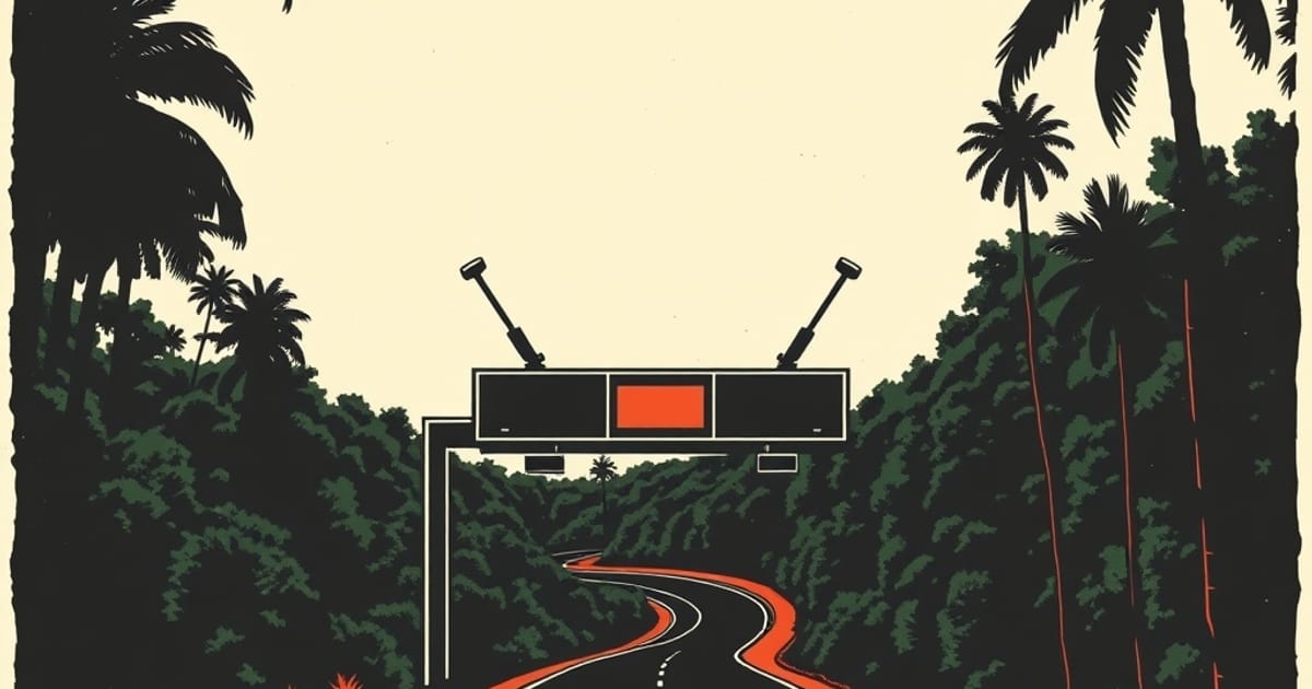Ilustración en estilo linograbado de un pórtico de peaje electrónico sin barreras sobre una ruta que atraviesa la selva misionera