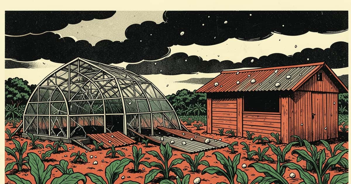 Ilustración editorial de portada sobre San Pedro: el granizo destruyó chacras sin alerta oficial