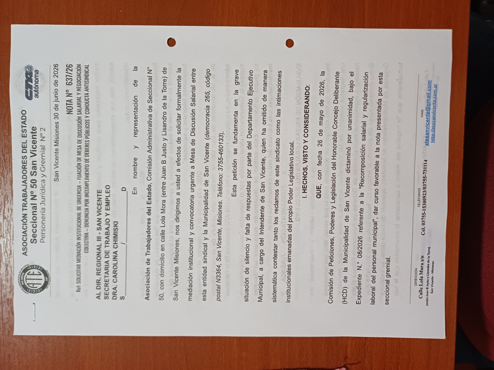 Última página de la presentación de ATE ante el Ministerio de Trabajo, con sello de recepción y firmas de los dirigentes sindicales.