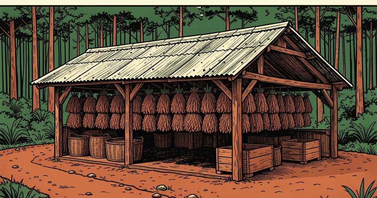 Ilustración en linograbado de un galpón de curado de tabaco con techo de chapa y hojas colgadas, en un paisaje rural de Misiones