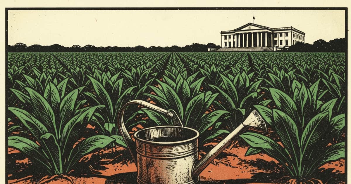 Ilustración en estilo linograbado de una chacra de tabaco y yerba mate en Misiones, con el edificio de la Legislatura al fondo