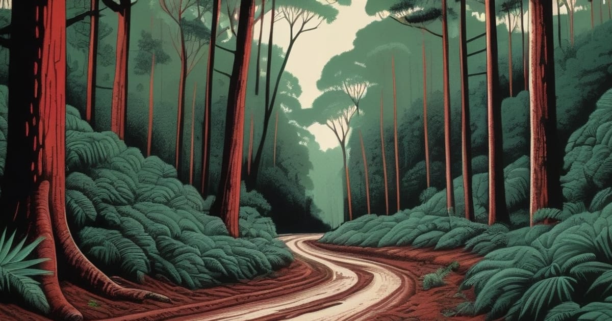 Ilustración en estilo linograbado de un camino de tierra colorada entre araucarias y monte en Fracrán, Misiones