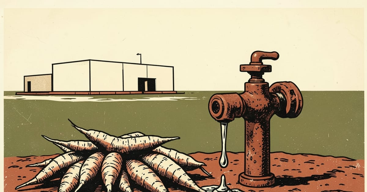 Ilustración en estilo linograbado de raíces de mandioca junto a una canilla cerrada con gotas de agua, con un edificio legislativo liso de fondo