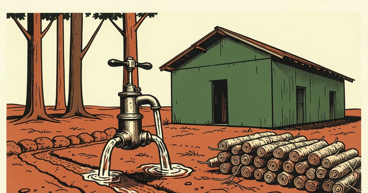Ilustración en estilo linograbado de una bomba de agua irrigando raíces de mandioca apiladas junto a un galpón rural liso en Misiones