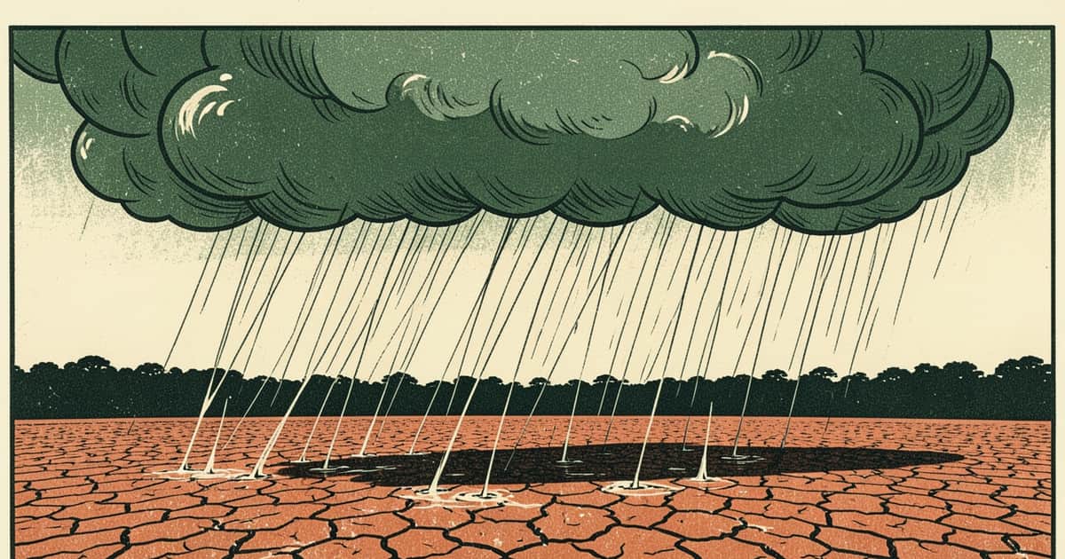 Ilustración editorial de portada sobre Llovió 80% más en julio, pero Fracrán sigue en déficit