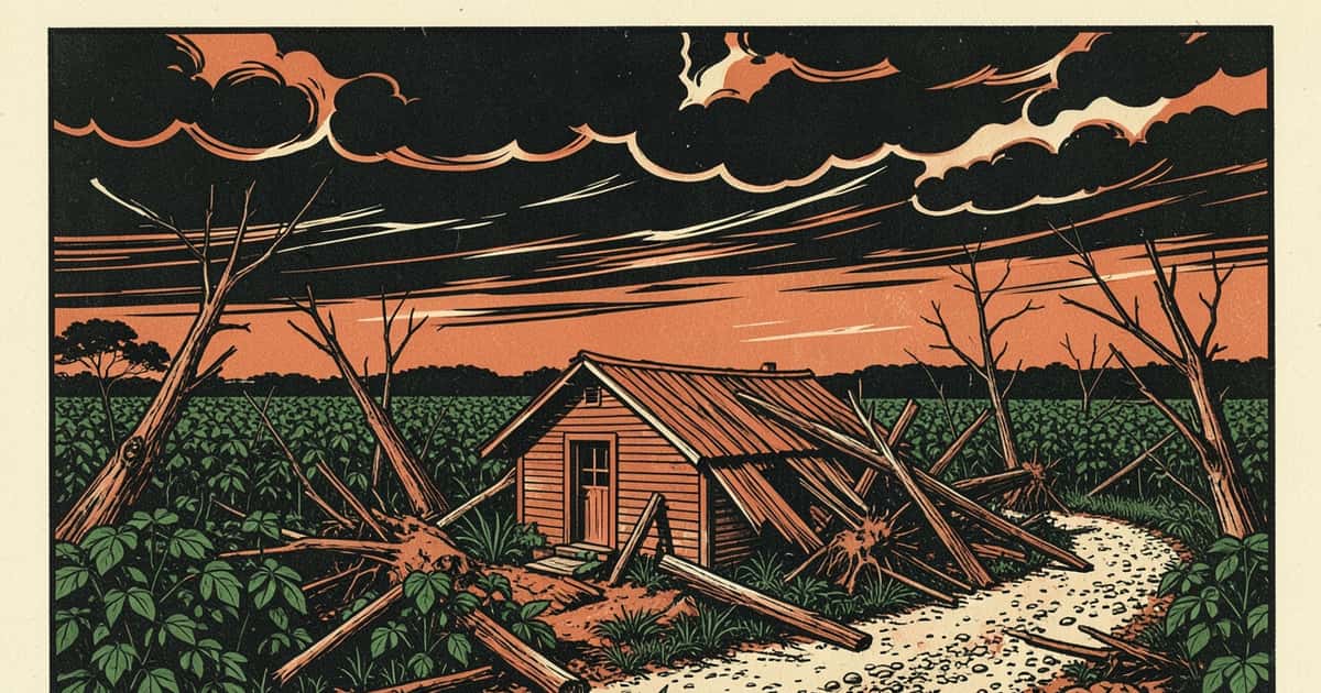 Ilustración editorial de portada sobre San Pedro: un tornado mató a un agricultor 17 años después