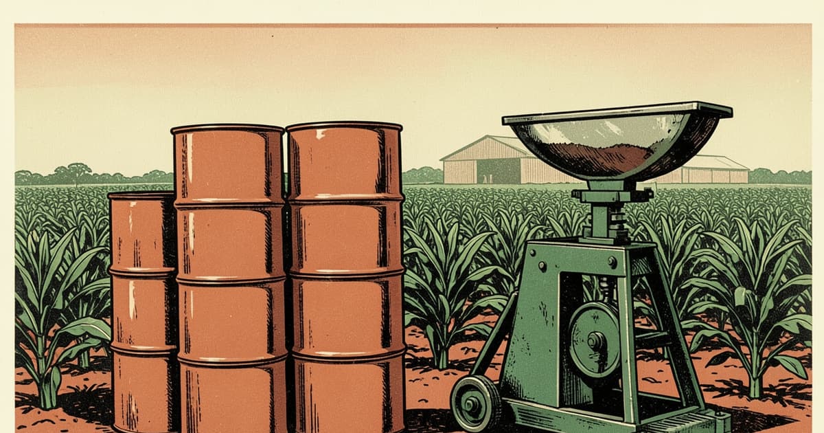 Ilustración en estilo linograbado de bidones industriales lisos y una balanza junto a plantas de tabaco en Misiones