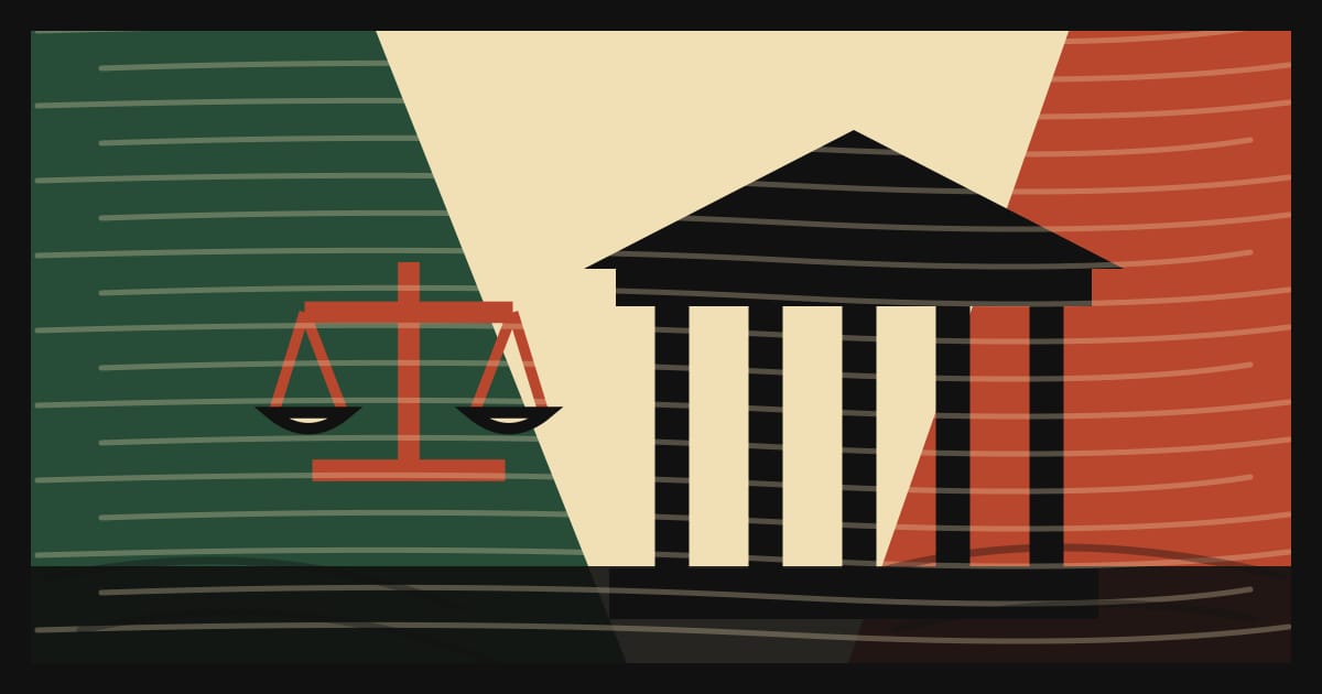 Ilustración en linograbado de un pequeño edificio judicial con una balanza junto a la entrada, en San Vicente, Misiones