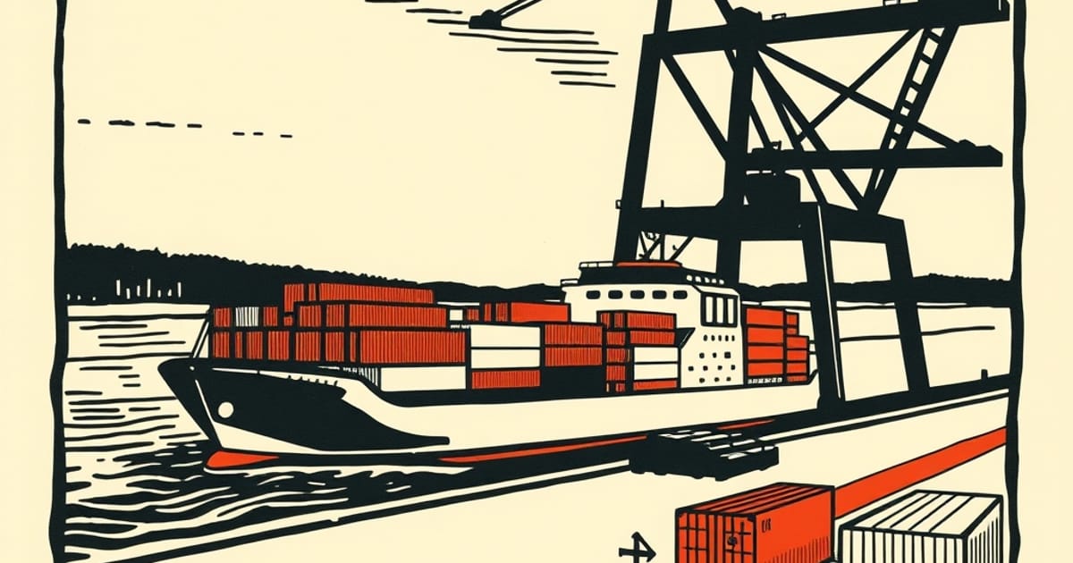 Ilustración en estilo linograbado de un barco de carga junto a contenedores en un puerto fluvial sobre el río Paraná