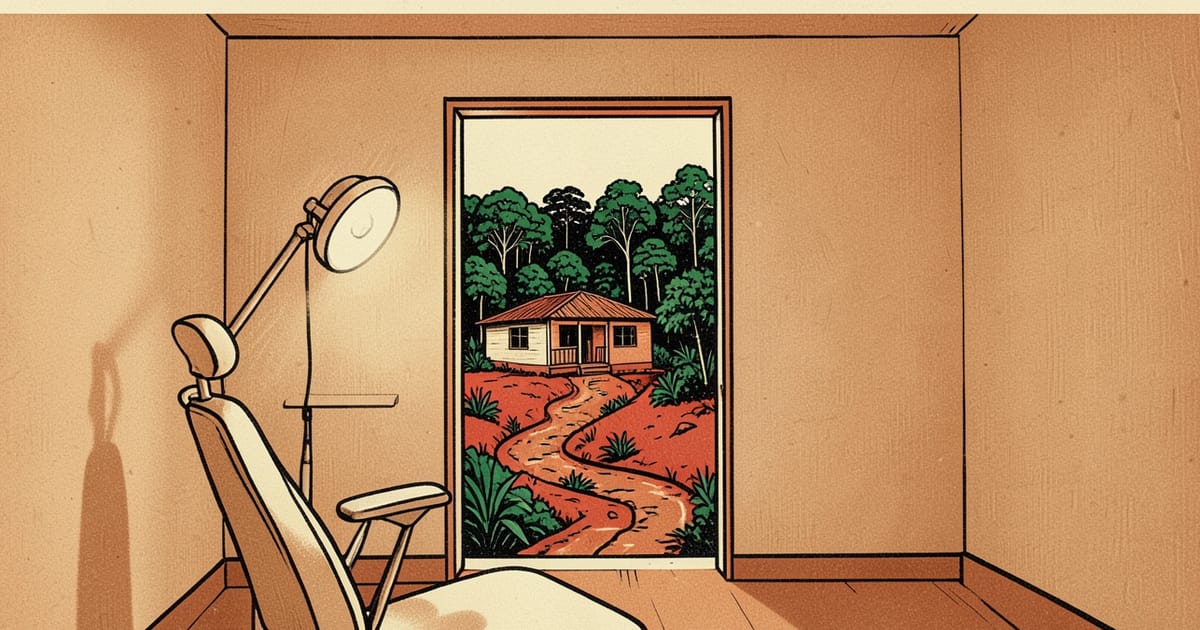 Ilustración en linograbado de un consultorio odontológico y un camino entre centros de salud de Misiones