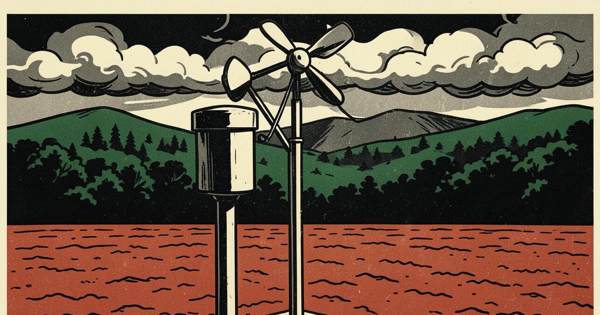 Ilustración en linograbado de una estación meteorológica con anemómetro bajo nubes de tormenta en Misiones
