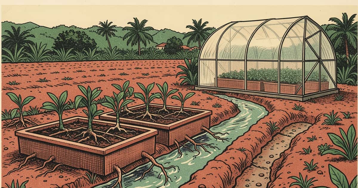 Ilustración en linograbado de plantines, tierra y un canal de riego junto a un invernadero en Misiones