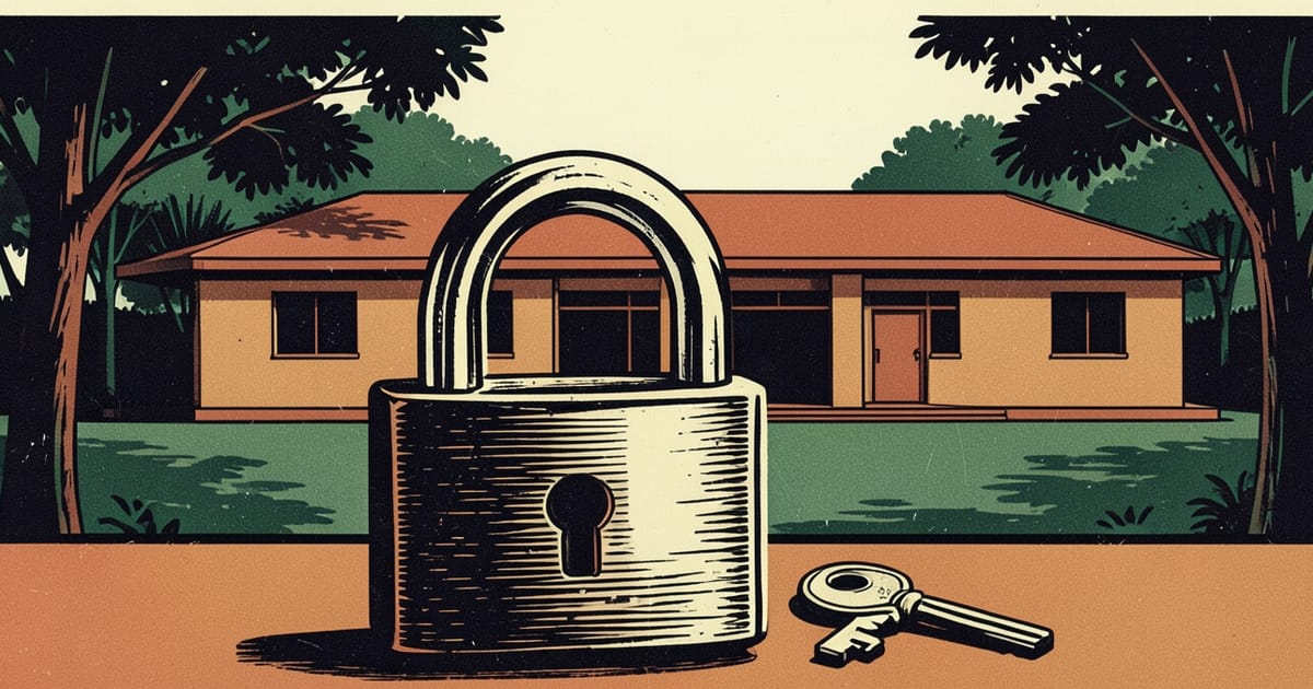 Ilustración en linograbado de un candado junto a una llave y un edificio de atención pública en Misiones