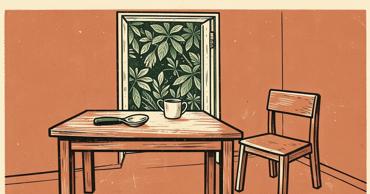 Ilustración en linograbado de una mesa con utensilios adaptados y una silla en un consultorio de terapia ocupacional en Misiones