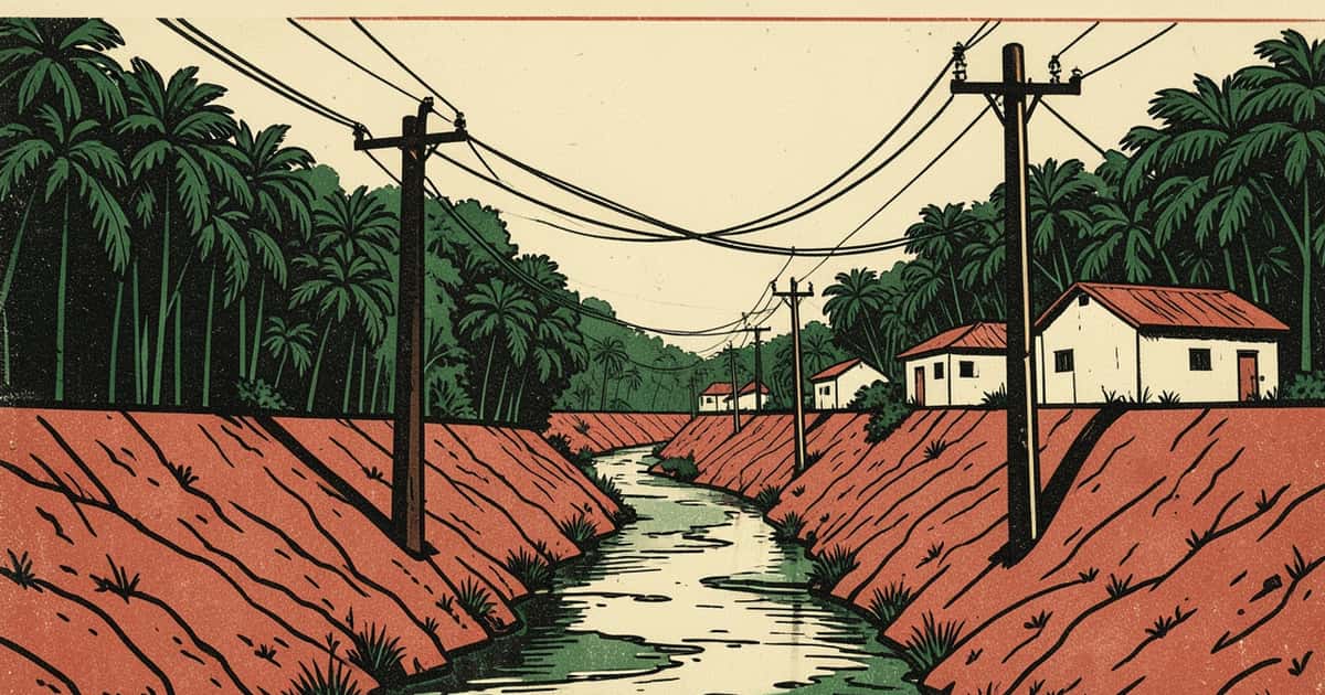 Ilustración en linograbado de un tendido eléctrico elevado junto a un arroyo y viviendas rurales en El Soberbio, Misiones
