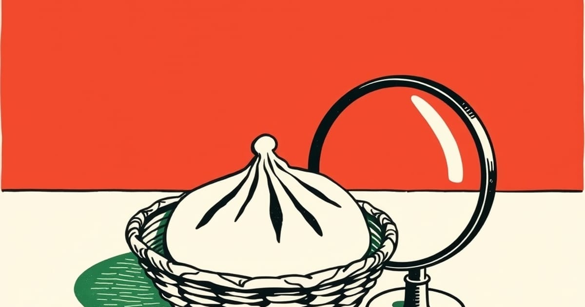 Ilustración en linograbado de un juguete blando con forma de dumpling junto a una lupa de inspección