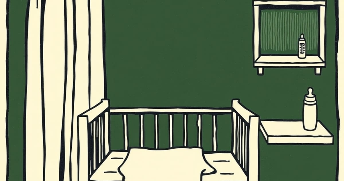 Ilustración en estilo linograbado de una cuna vacía junto a un bolso maternal en Misiones