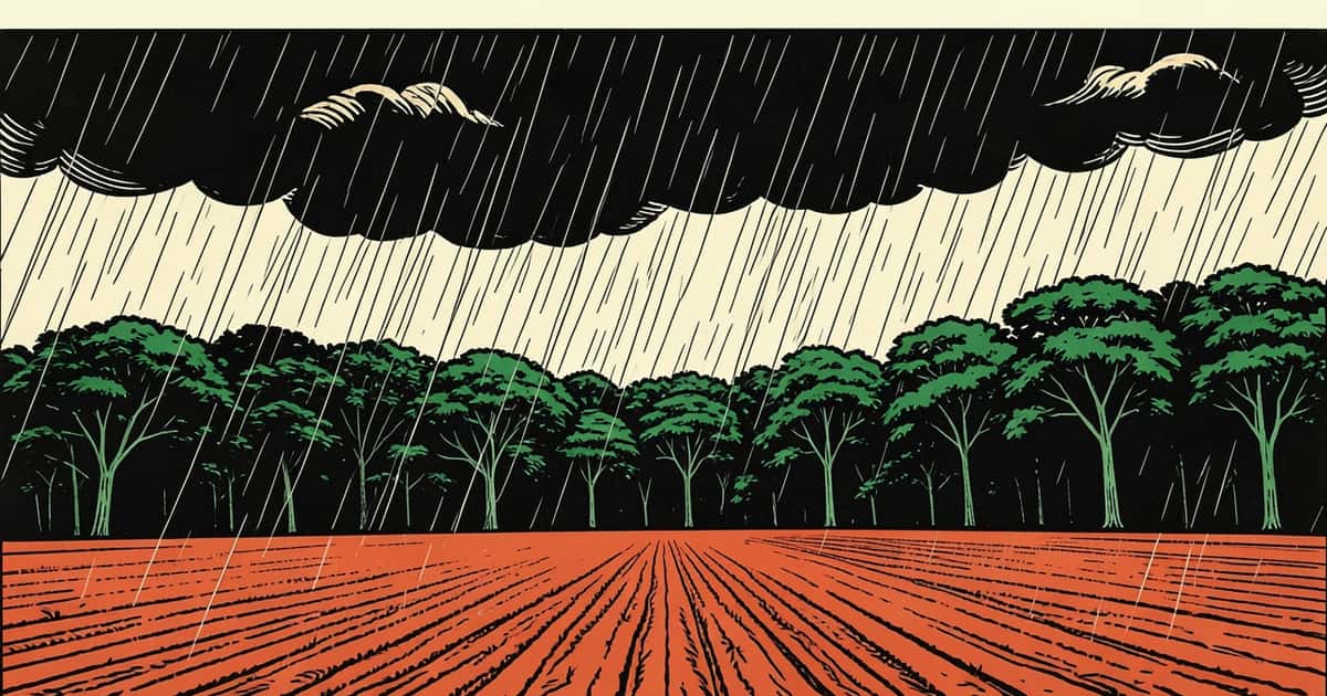 Ilustración en estilo linograbado de una nube de lluvia sobre un campo de tierra colorada en Misiones