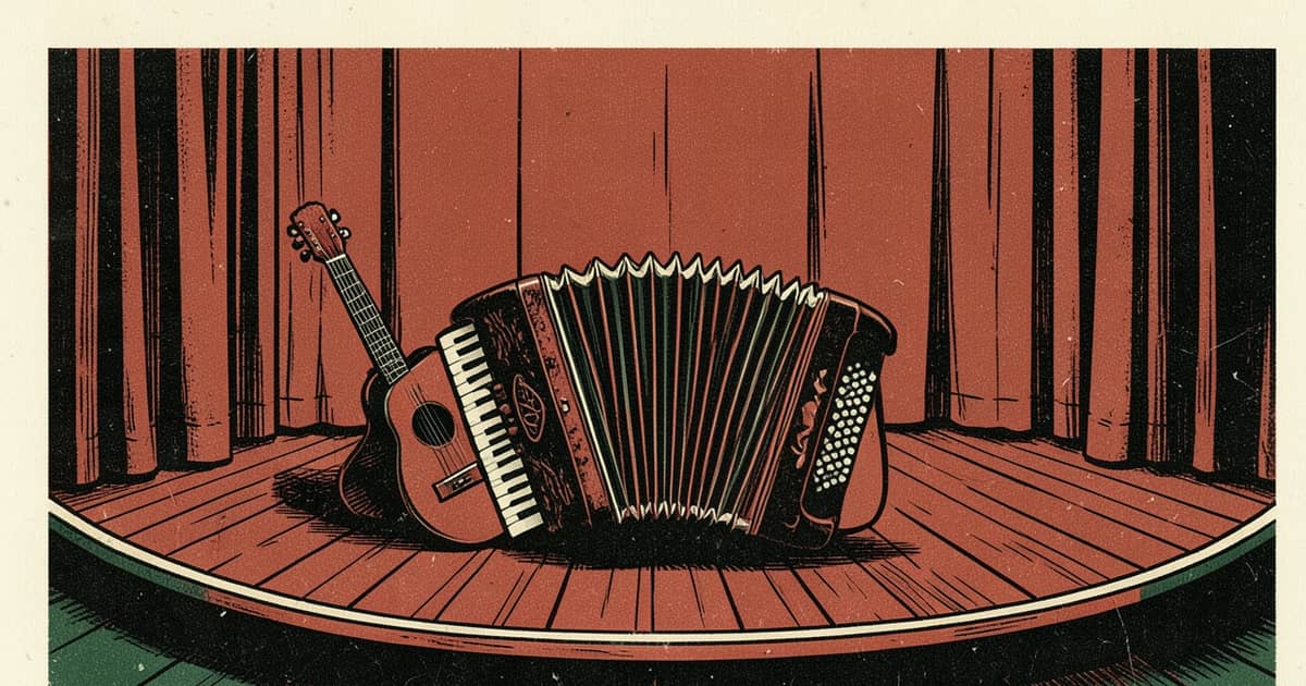 Ilustración en linograbado de un acordeón y una guitarra sobre un escenario vacío en Posadas, Misiones