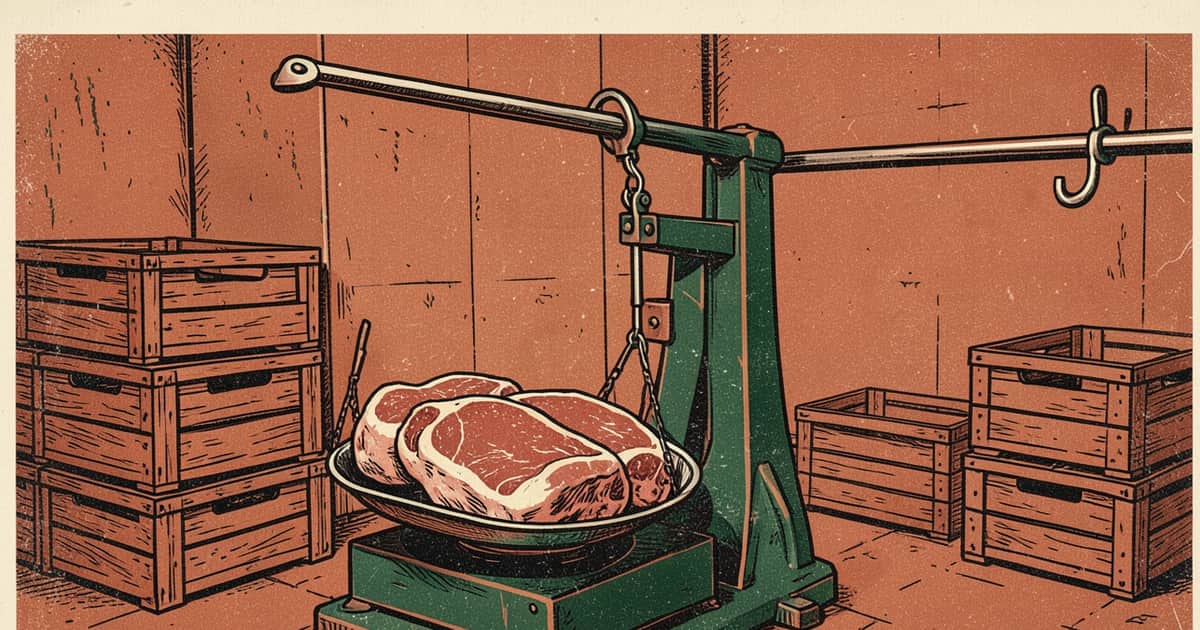 Ilustración en estilo linograbado de una balanza con cortes de cerdo dentro de un frigorífico de Misiones