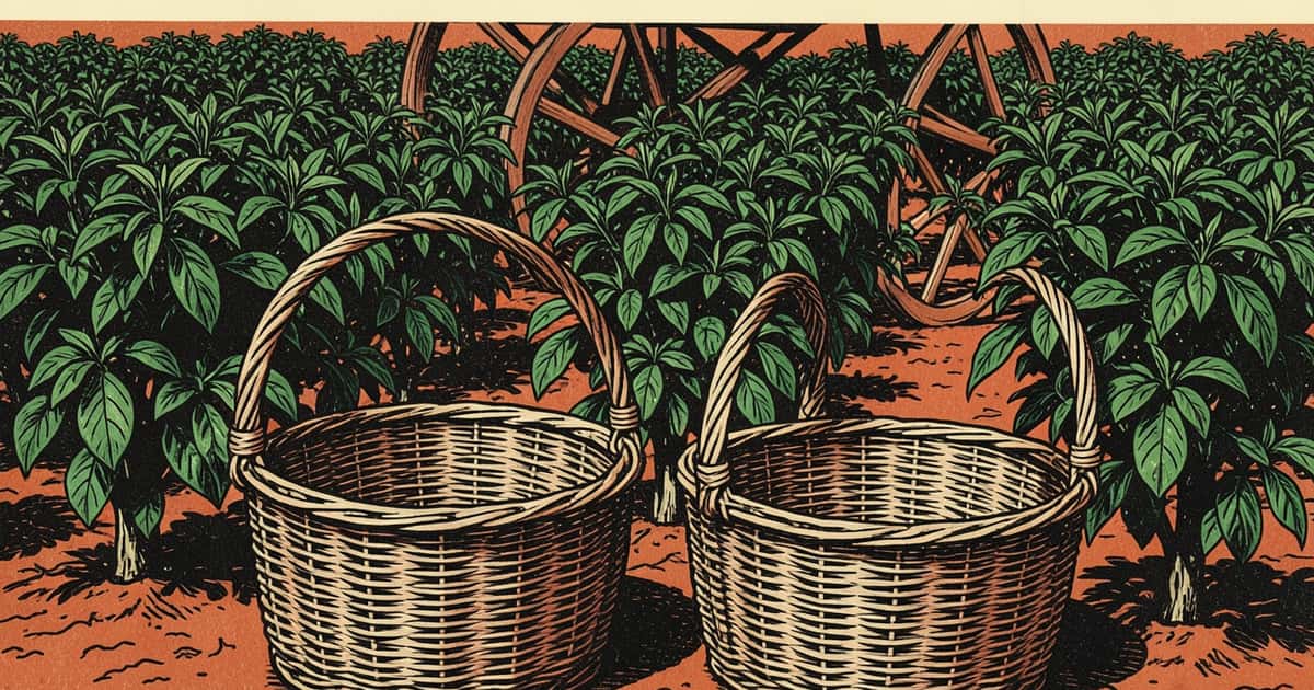 Ilustración en estilo linograbado de una chacra de yerba mate con canastos de cosecha vacíos en Fracrán, Misiones