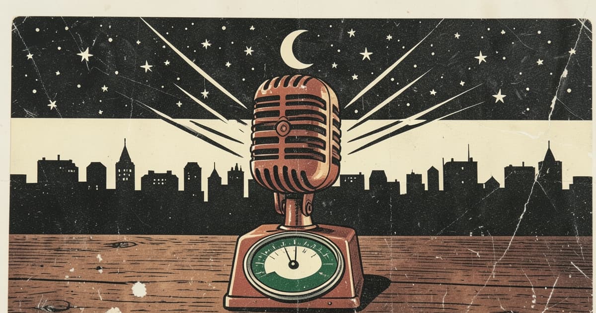 Ilustración en xilografía de un micrófono de radio vintage con ondas sonoras, en homenaje a un locutor argentino