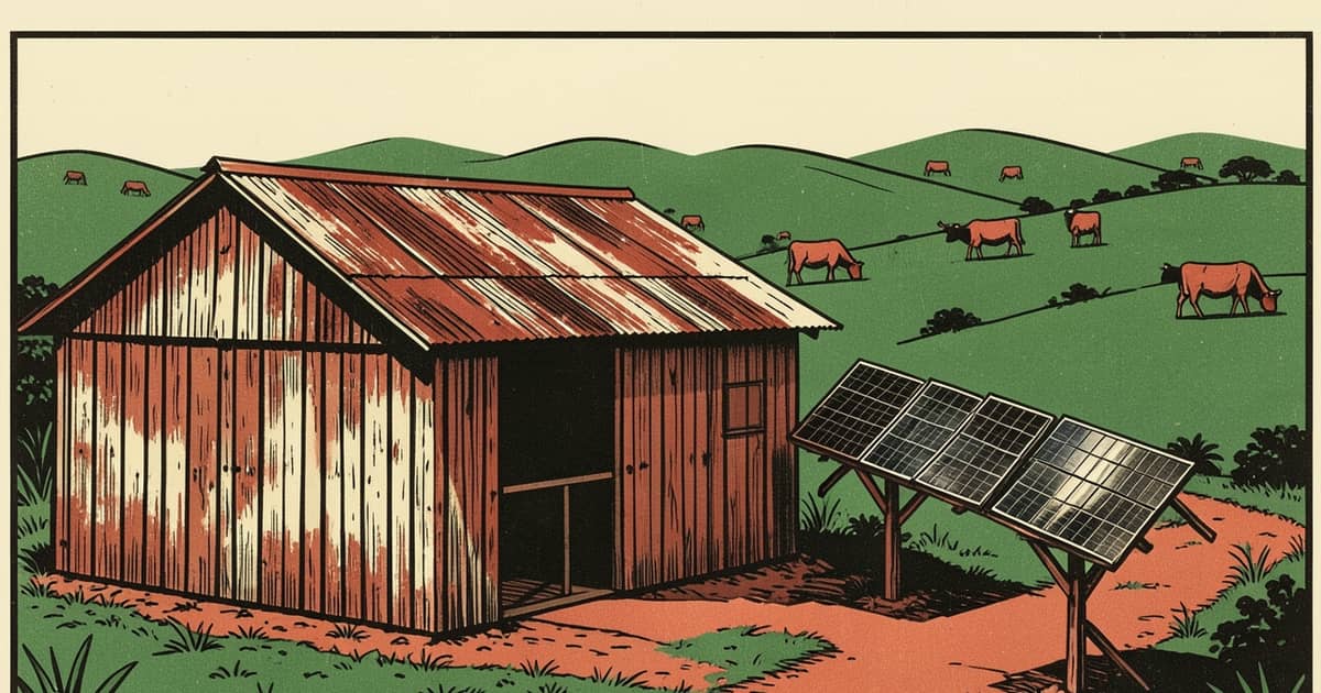 Ilustración en estilo linograbado de un tambo con paneles solares en el Alto Uruguay, Misiones