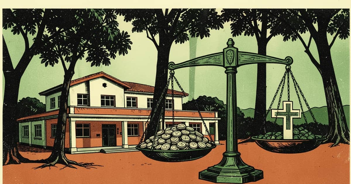 Ilustración en linograbado de un edificio hospitalario junto a una balanza de piedra con monedas en Misiones