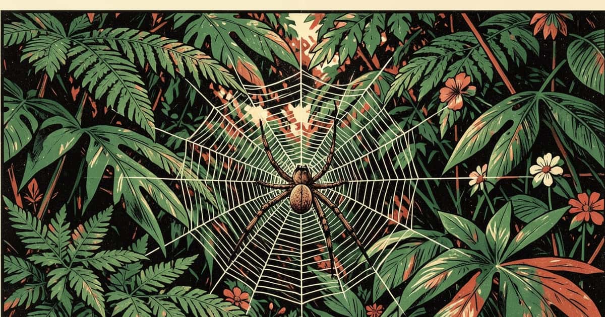 Ilustración en linograbado de una araña orbitelar sobre hojarasca en la selva misionera