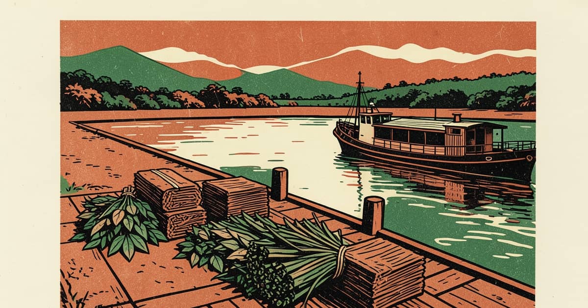 Ilustración en estilo linograbado de fardos de yerba mate y bobinas de pasta de celulosa junto a un camión de carga en un puerto de Misiones