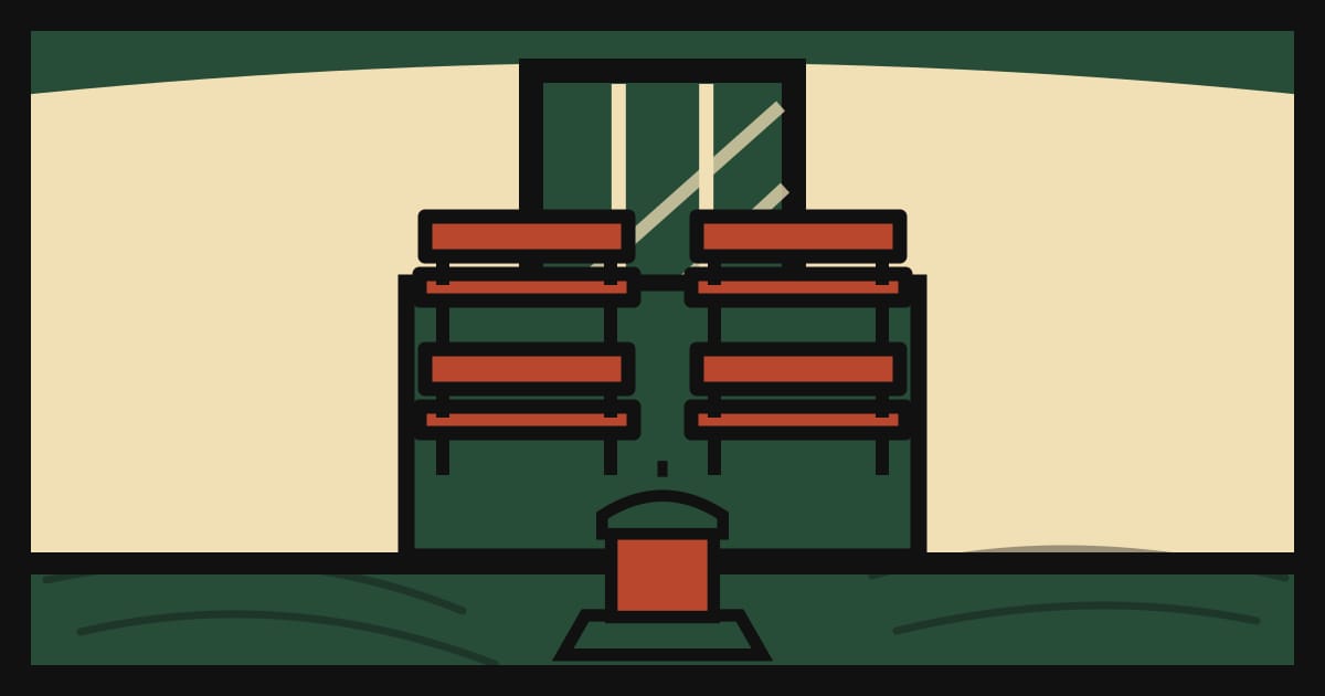 Ilustración de un salón legislativo clásico con bancas vacías y una balanza, en estilo linograbado