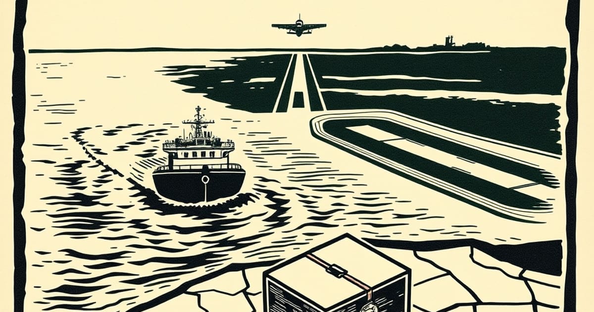Ilustración linograbado de un petrolero en el golfo, un avión despegando de una base y una urna junto a un mapa de Europa del Este