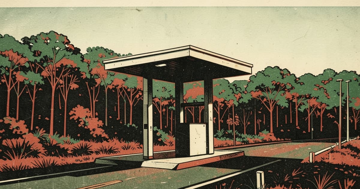 Ilustración en linograbado de una cabina de peaje junto a la Ruta 12, entre la selva misionera